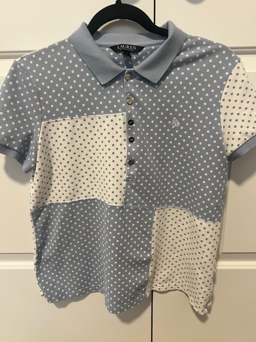 Lauren Ralph Lauren Patchwork Polka Dot Polo in Light Blue and White